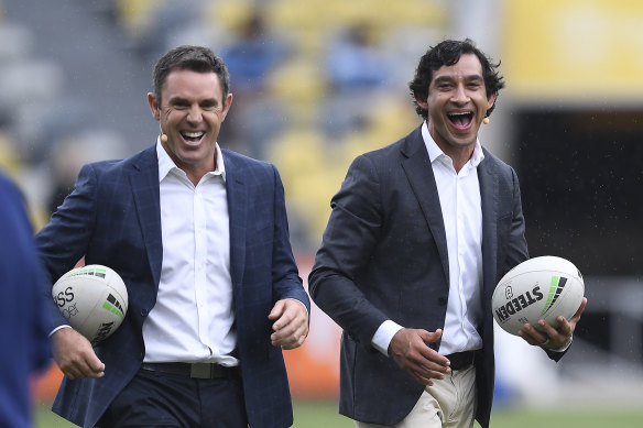 A couple of GOATS ... Brad Fittler and Johnathan Thurston share a laugh.