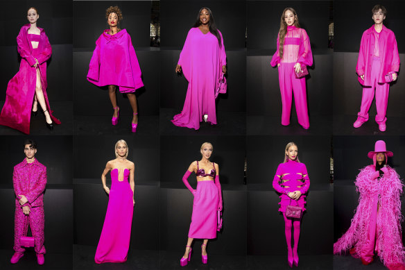 Artists and influencers wearing hot pink at the Valentino ready-to-wear Spring/Summer 2023 fashion collection in Paris in October.