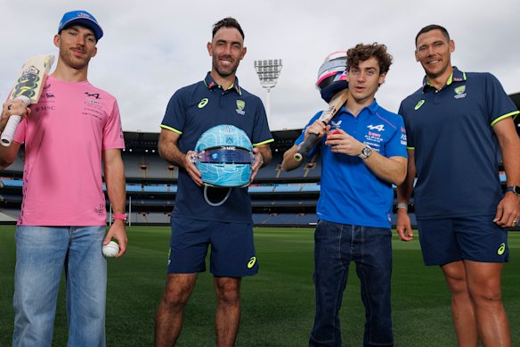 Glenn Maxwell (second from left) and Scott Boland (far right) pressed the flesh with Alpine Formula 1 racers Pierre Gasly and Franco Colapinto at the MCG on Wednesday.