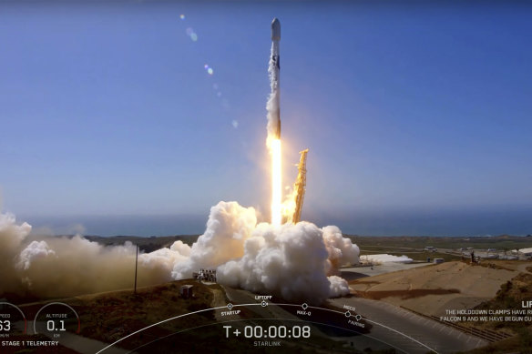 A SpaceX Falcon 9 mission to launch 53 Starlink satellites to low-Earth orbit takes off. 