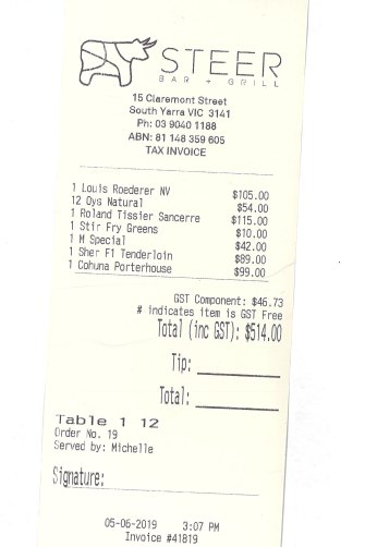 Receipt for lunch with Micky Dolenz and Mike 'Nez' Nesmith at Steer Dining Room.