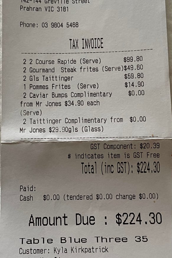 The bill at Entrecote.