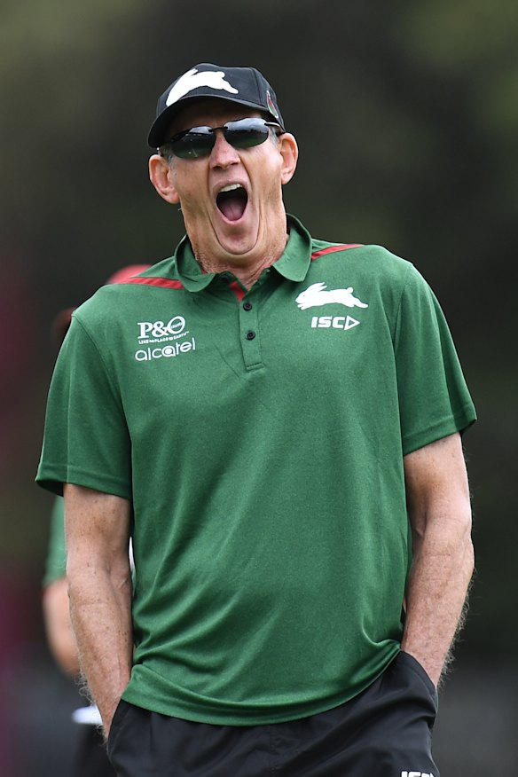 Wakey-wakey: Wayne Bennett takes in his first training session as Souths coach.