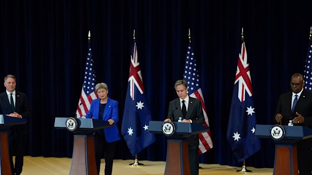 This week’s AUSMIN talks come as the US Congress asks more tough questions about the sale of US nuclear-powered submarines to Australia. AP