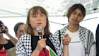 Climate activist Greta Thunberg talks to the media ahead of setting sail for Gaza. 