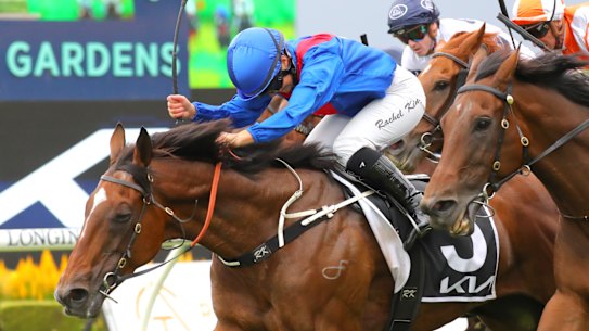 Rachel King celebrates on Arapaho after winning the Tancred Stakes at Rosehill on Saturday.