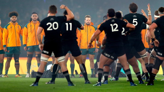 The Wallabies stare down the haka in Melbourne in 2022.