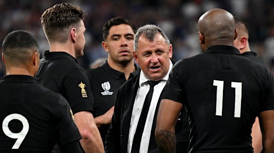 All Blacks coach Ian foster addresses his team at full-time.