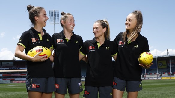 Rookie umpires Kaitlin Barr (far left), Jordyn Pearson, Gabby Simmonds and Georgia Henderson.
