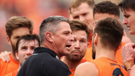 Greater Western Sydney coach Adam Kingsley talks to his players during Round 3 against Carlton