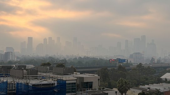 Bushfire smoke fills the skies over Melbourne on Sunday morning.
