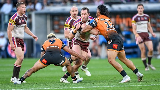 Isaah Yeo takes a hit-up against Wests Tigers on Sunday.