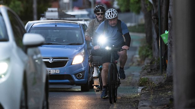 The Bridge Road Cycleway at the junction with Glebe Point Road in Glebe, where cyclists merge from their protected path with cars.