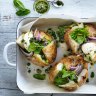 Jill Dupleix's baked potato with peas and rough pesto recipe.