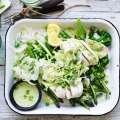 Jill Dupleix recipe for Good Food :?Full Steam - Steamed chicken with asparagus and fennel Photograph by William Meppem