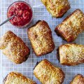 Lamb, beef and vegetable sausage rolls with pistachios.