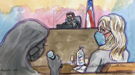 A sketch provided by Vicki Behringer, one of two court artists for the fraud trial of the Theranos founder Elizabeth Holmes, shows her depiction of Holmes and Judge Edward Davila.