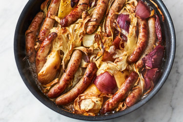 Jamie Oliver’s five-ingredient sausage and apple bake
