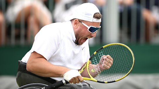 Dylan Alcott celebrates after winning the Wimbledon men's quads wheelchair singles .