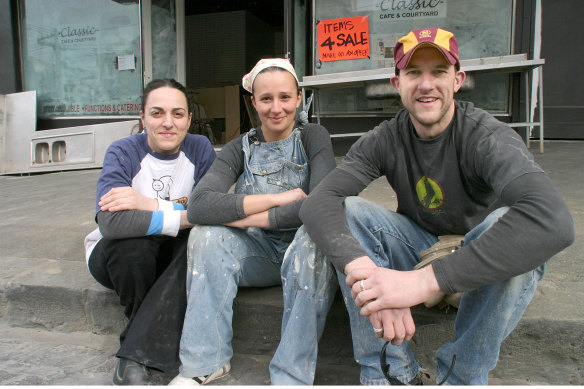 Founding chef Rita Macali, Ingrid Langtry and Sean Kierce outside the Gertrude Street premises in 2003.