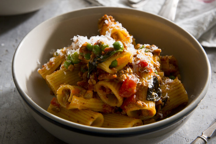 Karen Martini’s bolognese with peas and basil.