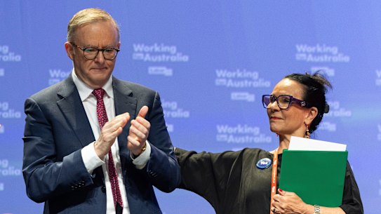 Prime Minister Anthony Albanese and Indigenous Australians Minister Linda Burney at the Labor national conference in Brisbane on Saturday.
