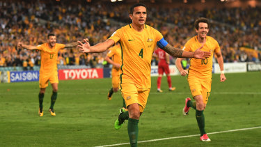 Tim Cahill celebrates after scoring a key 2018 World Cup qualifying goal in extra time against Syria.