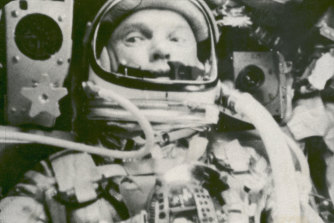 Astronaut John Glenn during his space flight in the Friendship 7 Mercury spacecraft.