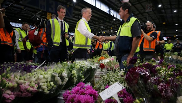 Bill Shorten campaigns at Sydney Markets on Friday.