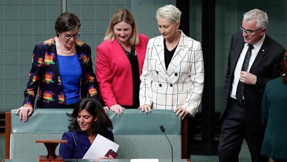 Julia Banks takes her new seat on the crossbench.