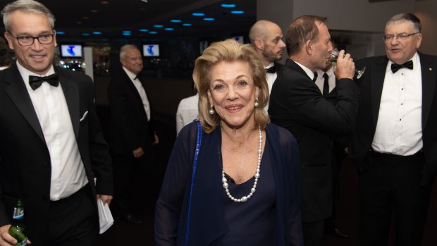 Ros Packer with Tony Abbott in the background at the Sydney Institute annual dinner at The Star on Wednesday night.