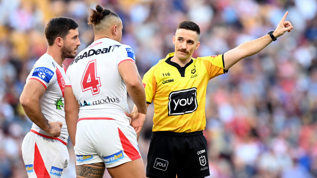 St George Illawarra’s Tyrell Fuimaono was sent off for a high shot on Ryan Papenhuyzen on Sunday.