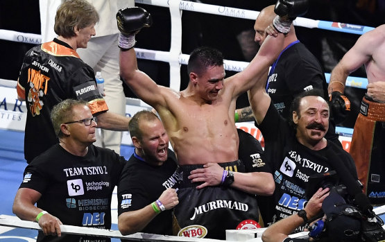 Tim Tszyu celebrates his win over Jeff Horn in Townsville.