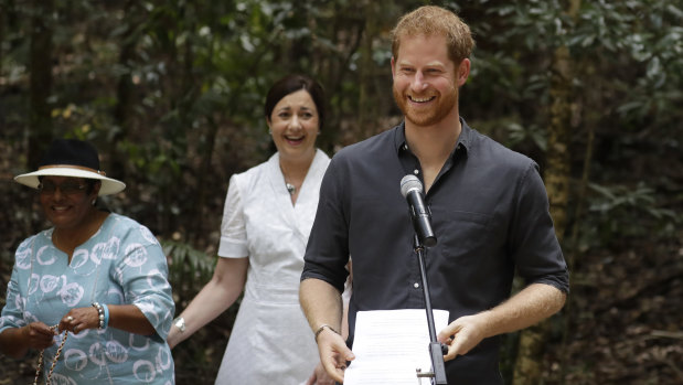 Prince Harry delivers a speech during his visit to Pile Valley on Fraser Island.