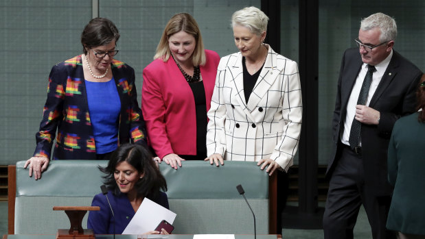 Julia Banks takes her new seat on the crossbench.