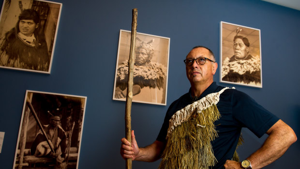 Moko artist Derek Lardelli attends the launch of <i>Māori Markings: Tā Moko</i> at the National Gallery of Australia. 