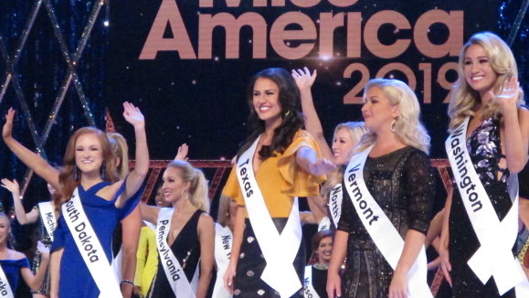 Contestants during introductions at the second night of the preliminary competition at Miss America in Atlantic City on Thursday.