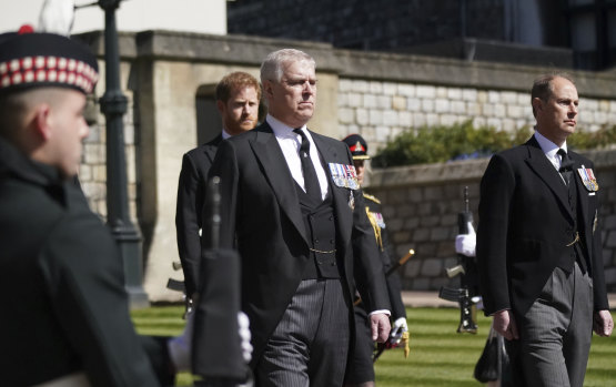 Prince Andrew walks behind his father’s coffin on Saturday.