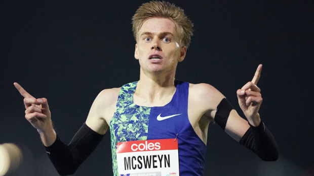 Stewart McSweyn wins the 5000 metres race in Melbourne.