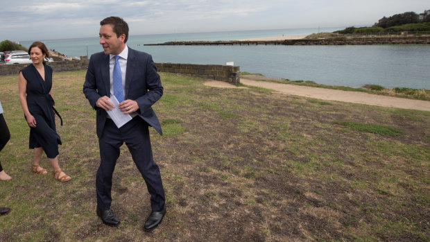 Matthew Guy with his wife Renae at Carrum on Thursday. 