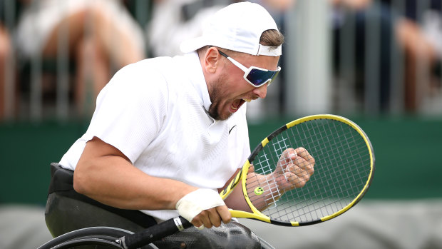 Dylan Alcott celebrates after winning the Wimbledon men's quads wheelchair singles .