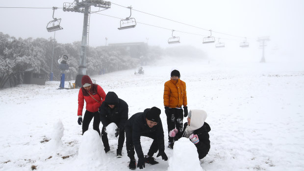 Day visitors build snowmen at the Mount Buller reopening in June.