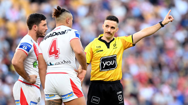Tyrell Fuimaono was banned for five weeks by the NRL because he has a string of recent serious offences, including his high tackle on Ryan Papenhuyzen last season.