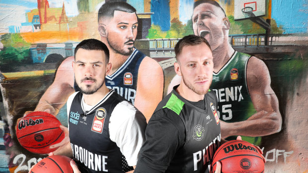 Boomers teammates Chris Goulding (left) and Mitch Creek will lock horns in the United v Phoenix NBL season-opener.