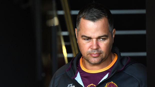 Broncos coach Anthony Seibold is seen arriving for a press conference on Thursday.