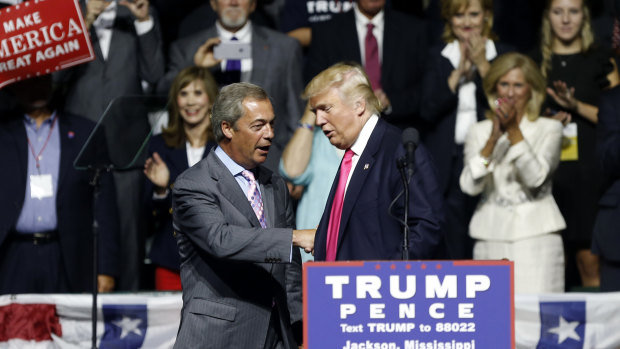 Donald Trump welcomes Nigel Farage to the podium during the 2016 election campaign.