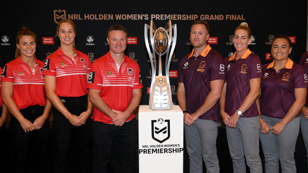 Players from both teams at the grand final press conference on Friday.