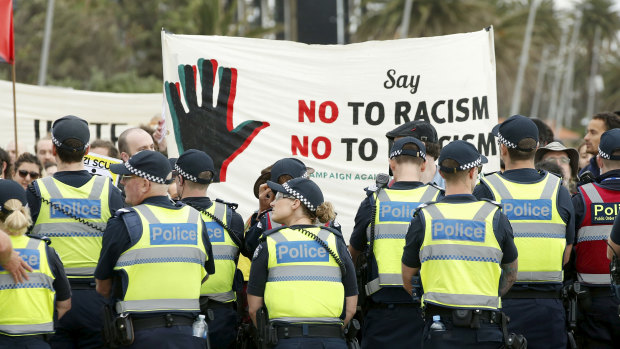 A strong police presence at the rally.