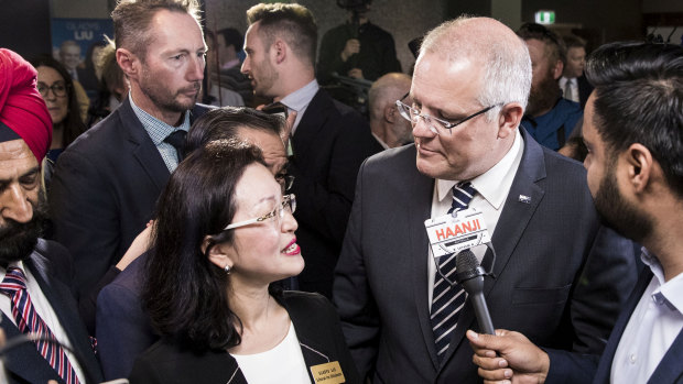 Prime Minister Scott Morrison with Liberal Candidate for Chisholm, Gladys Liu, at her campaign launch at Box Hill Golf Club in Melbourne in April.