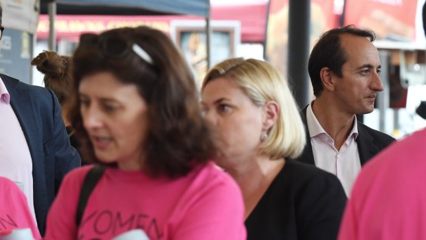 Dave Sharma joined Dr Kerryn Phelps and Tim Murray on board the lobby group WomenVote's pink campaign bus. 
